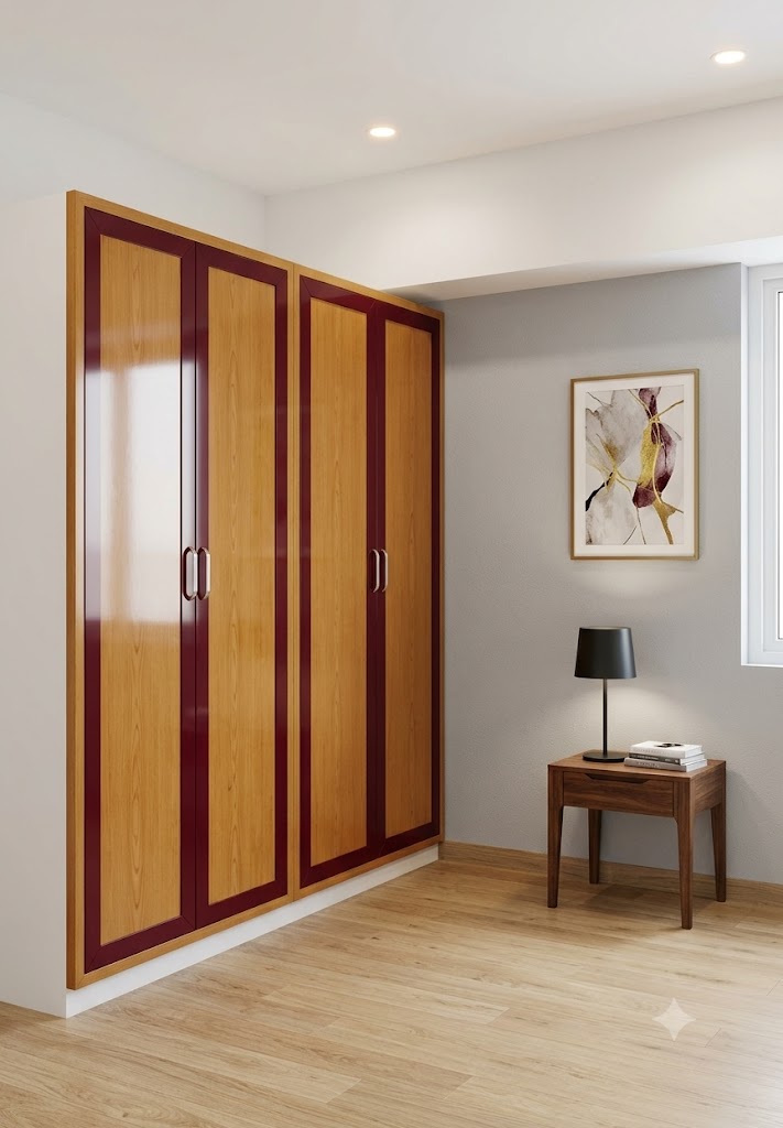 Illustrative modern PVC cupboard and door design in a warm neutral interior